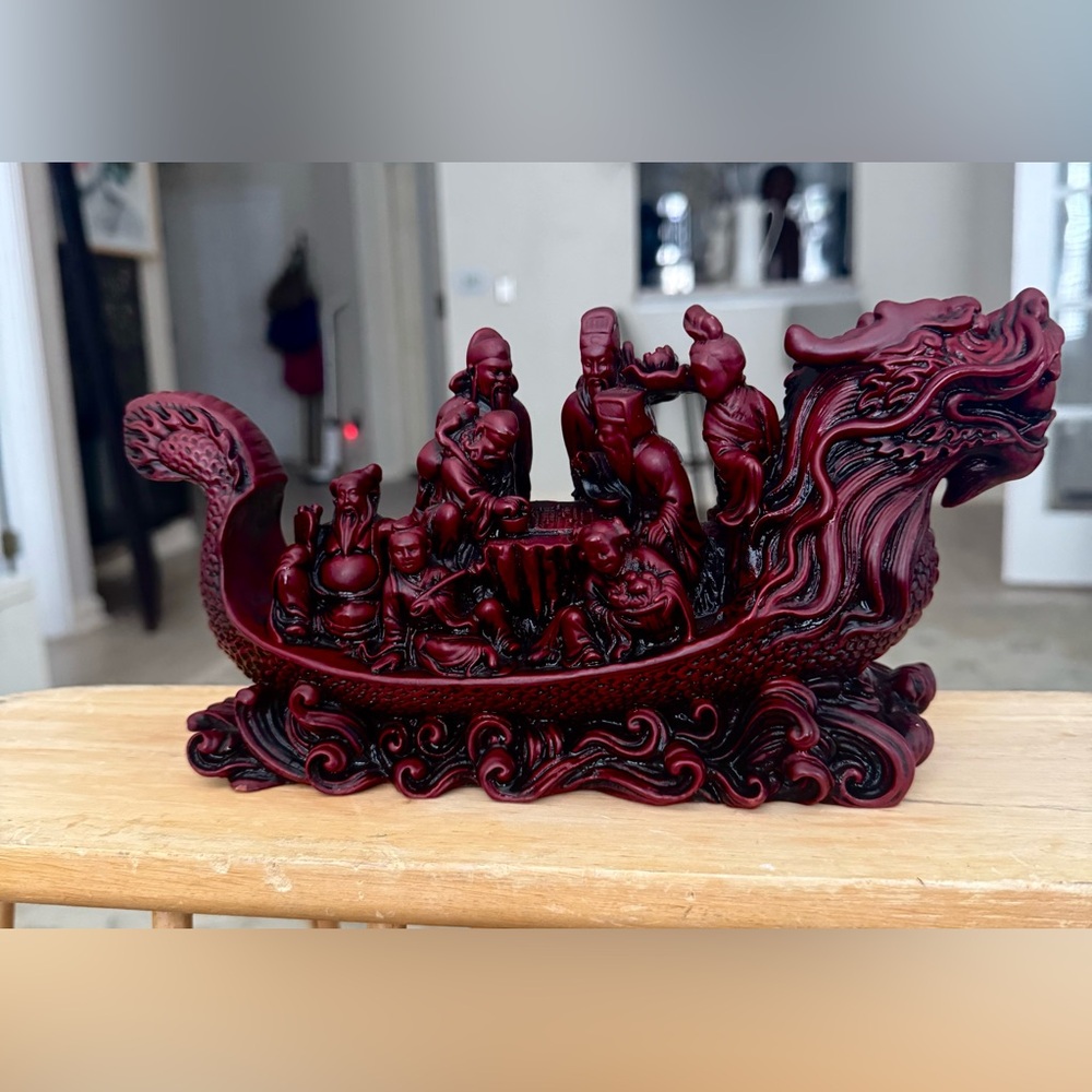 Vintage Chinese Cinnabar Style Red Resin Dragon Boat Eight Immortals 10” by 5.6”